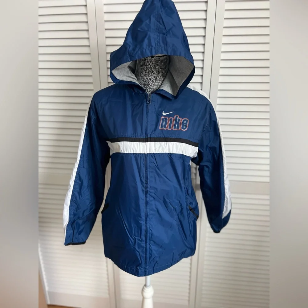 Nike Youth Large 14-16 Blue Hooded Windbreaker Jacket Full Zip Lined Lightweight